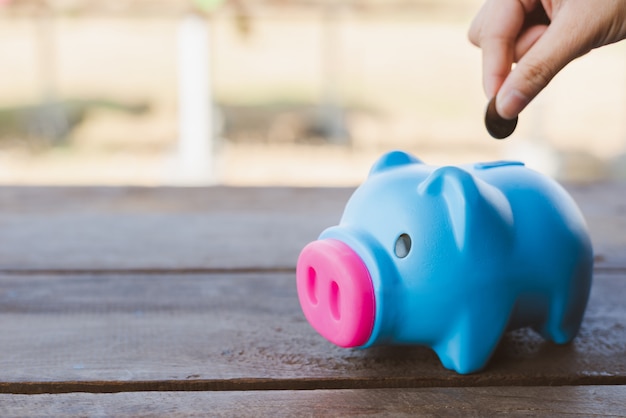 hand putting coin in piggy bank