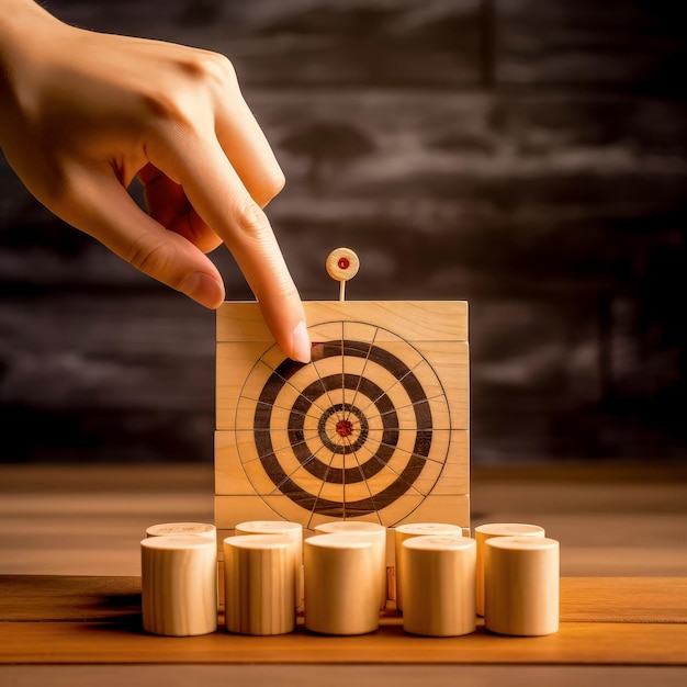 hand putting dart and target board wooden cube