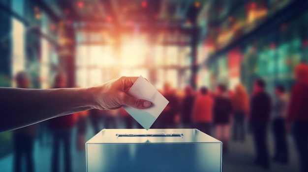 hand putting letter in ballot box with blur people background