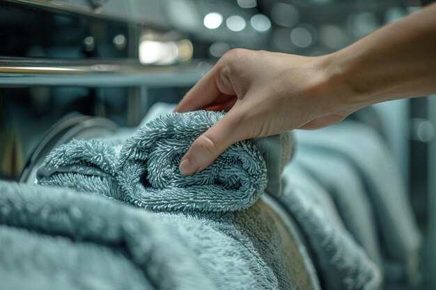 Photo a a hand putting towels into a washing machine in the style of silver and azure rounded mottled