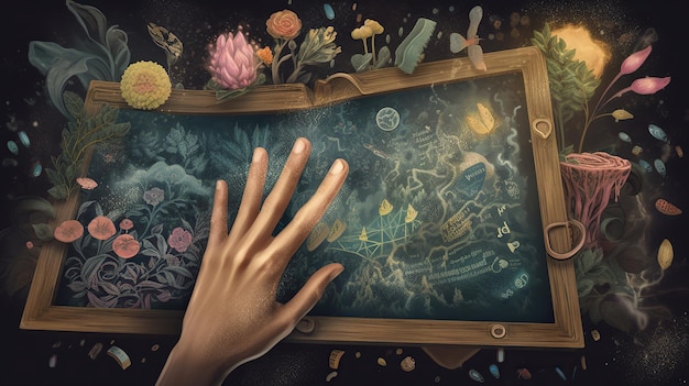 A hand reaches for a blackboard with a map of the universe.