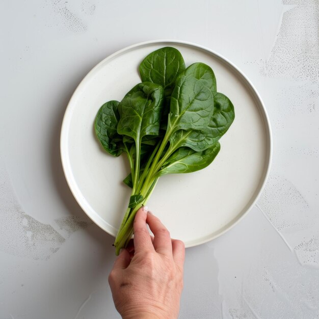 A hand reaches for a bunch of fresh spinach leaves on a white plate