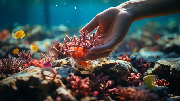 Photo a hand reaches down into a clear aquarium filled with colorful coral and tropical fish