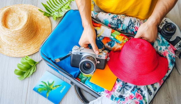 Photo a hand reaches into a blue suitcase with a camera a pink hat a yellow book and a colorful floral pattern fabric