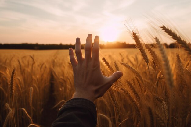 A hand reaches into a field of wheat.