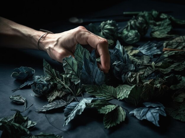 A hand reaches for a leafy plant.