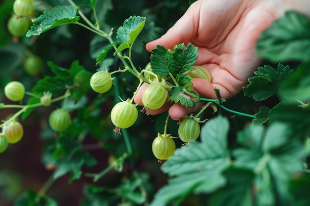 Hand reaches out to pick ripe yellow gooseberry from rich green tree in garden Hand bends down