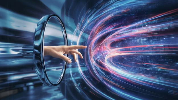 A hand reaches out of a sleek chrome portal touching a swirling vortex of data streams representin