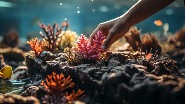 A hand reaches out to touch a coral reef in an aquarium with other coral and a fish visible in the background