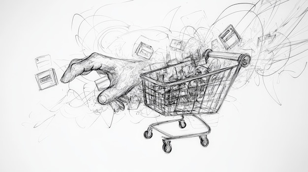 Photo a hand reaches out towards a shopping cart overflowing with products symbolizing consumerism