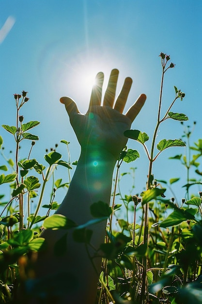 A hand reaches towards the sky its shadow casting a natural sundial over a field of sprouting plants marking times passage film stock