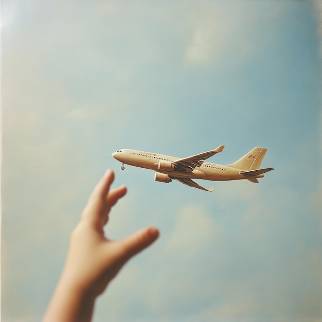 A hand reaches up to touch a small toy airplane flying in a clear blue sky