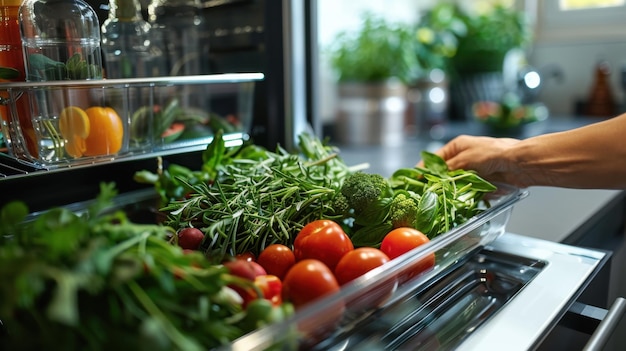 A hand reaching into a refrigerator filled with fresh vegetables and herbs ready for cooking or healthy eating