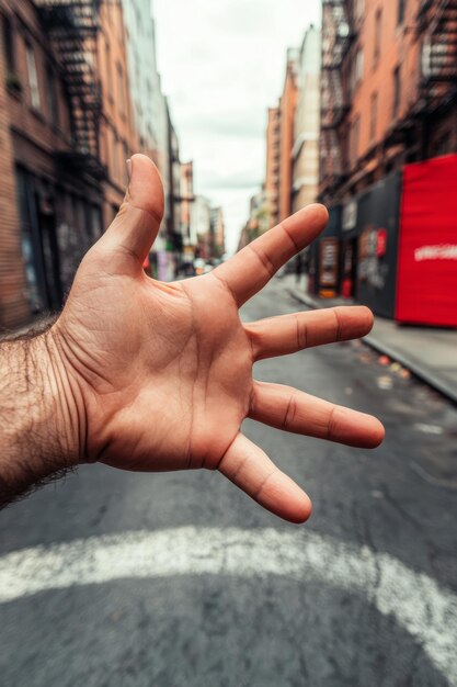 Photo hand reaching out in a city street