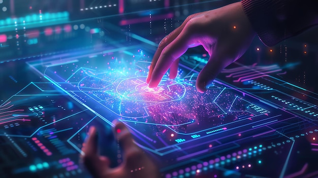 A hand reaching out to a futuristic digital interface