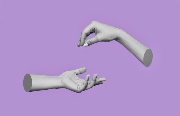 A hand reaching out to a hand that says help on it on a color purple background Handover