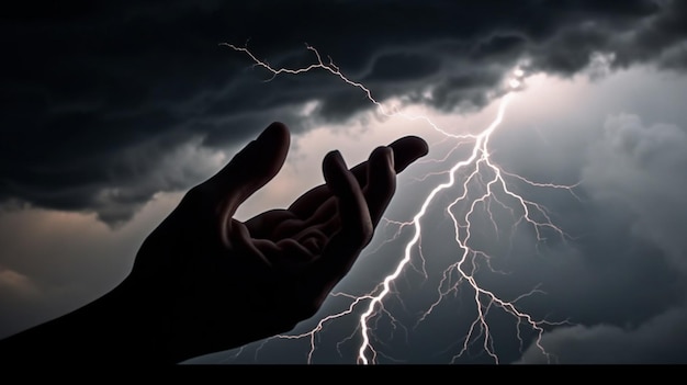 Hand reaching out to lightning in the sky