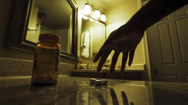 Hand reaching for prescription pills on bathroom counter