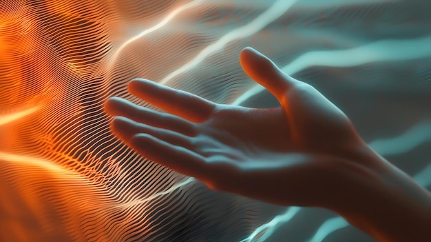 Photo hand reaching to touch floating sound waves in futuristic digital interaction