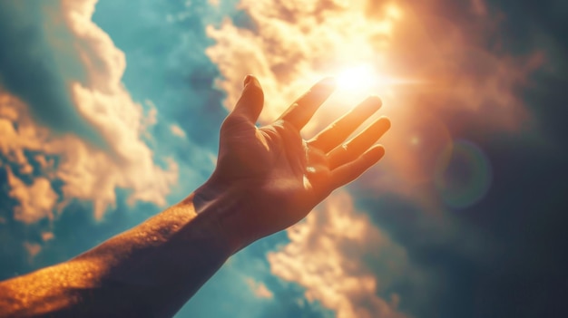 Photo hand reaching up into the blue sky