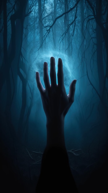 A hand reaching up into a dark forest