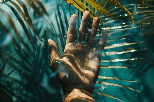 Photo hand reaching up through water surface with tropical leaves