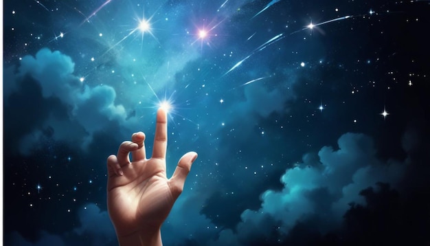 A hand reaching up towards a night sky filled with twinkling stars and glowing lights creating a se