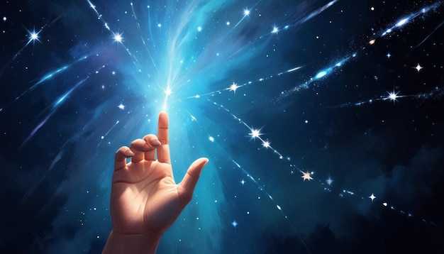 A hand reaching up towards a night sky filled with twinkling stars and glowing lights creating a se