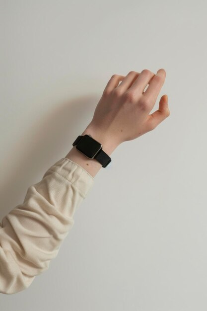 A hand reaching up wearing a black smartwatch