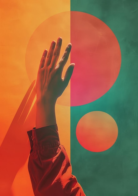 Hand Reaching Up with Vibrant Circles Geometric Album Cover Aesthetic in 3D Space Soft Silhouettes