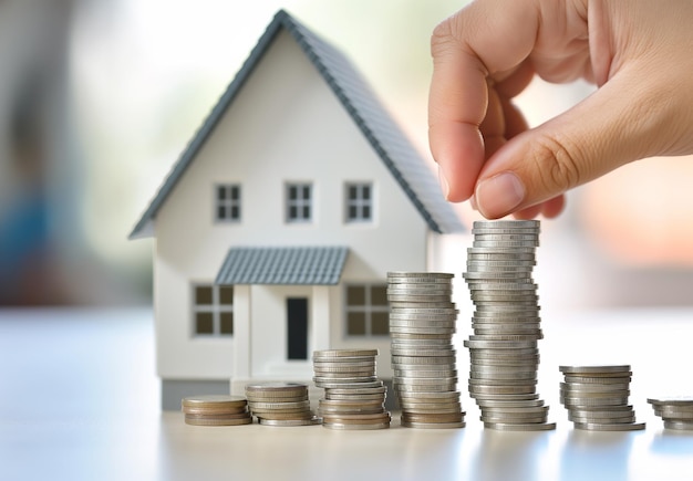 The hand of a real estate agent placing a stack of coins on a house model