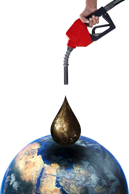 Hand refueling oil pump nozzle on earth petroleum status of the world oil supply Concept on white isolate