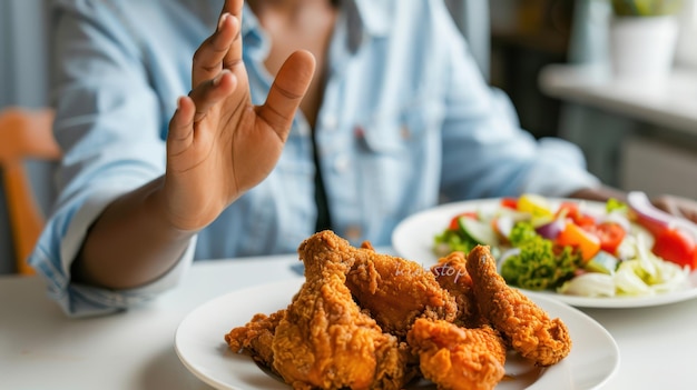 A hand rejecting fried chicken