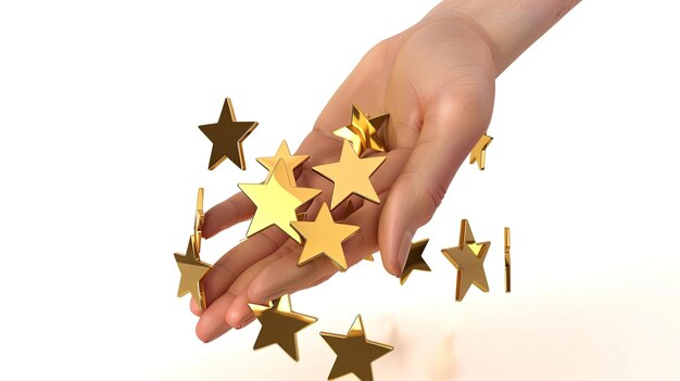 Hand releasing a cluster of gold stars on a white background a symbol of excellence and achievement