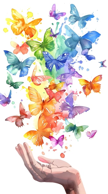 Hand Releasing Colorful Watercolor Butterflies Generative AI