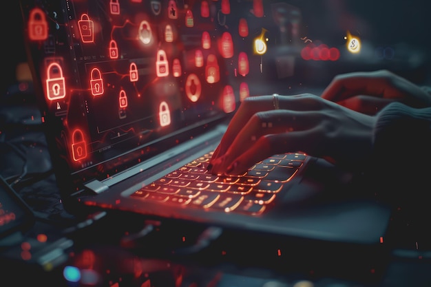 Hand resting on laptop with digital padlock icon above keyboard which is a symbol of online safety