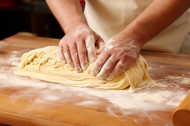 Photo hand rolling out homemade pasta dough