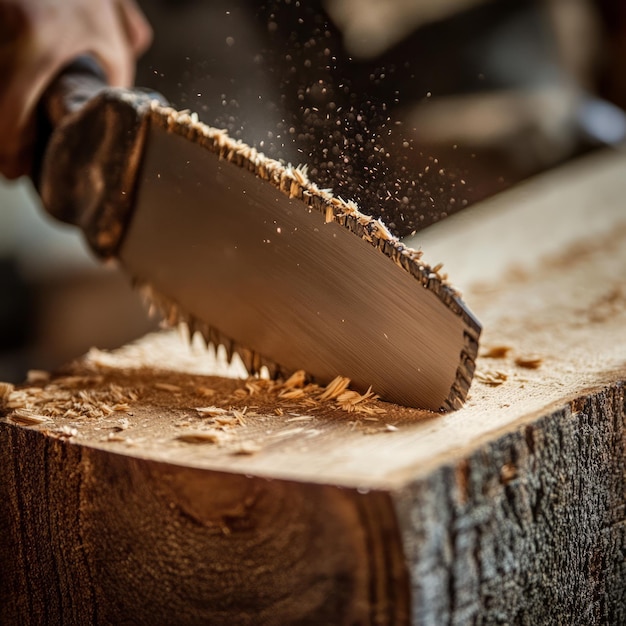 Photo a hand saws through a piece of wood creating sawdust