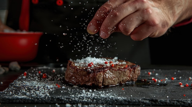 Photo the hand seasoning steak