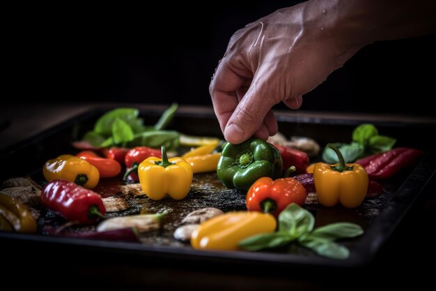 Photo hand seasoning vegetables ona a baking tray