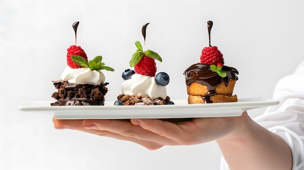 Photo hand selecting complimentary dessert dishes for advertising on white background front view