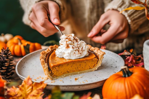 Photo hand serving pumpkin pie with whipped cream topping