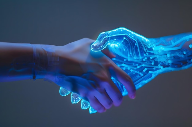 hand shaking between human and digital hand integration between human and artificial intelligence