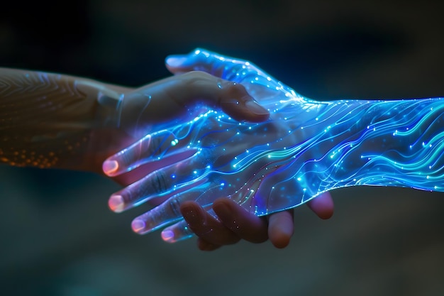 hand shaking between human and digital hand integration between human and artificial intelligence