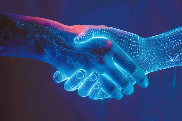 hand shaking between human and digital hand integration between human and artificial intelligence