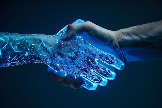 hand shaking between human and digital hand integration between human and artificial intelligence