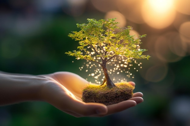 Hand shot of growing tree with blurred background and bright bokeh light