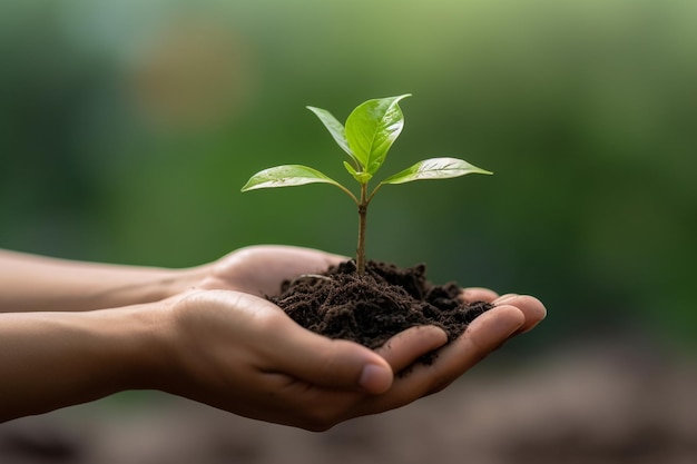 Hand shot of growing tree with blurred background and bright bokeh light