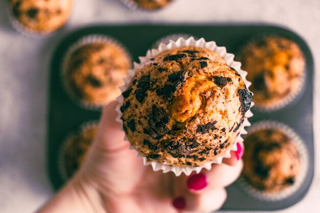 Photo hand showing a close up of muffin with chocolate chips.