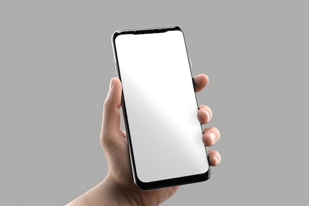 Hand showing smartphone mockup on gray background Blank screen mobile phone for graphic display montage Ai generative